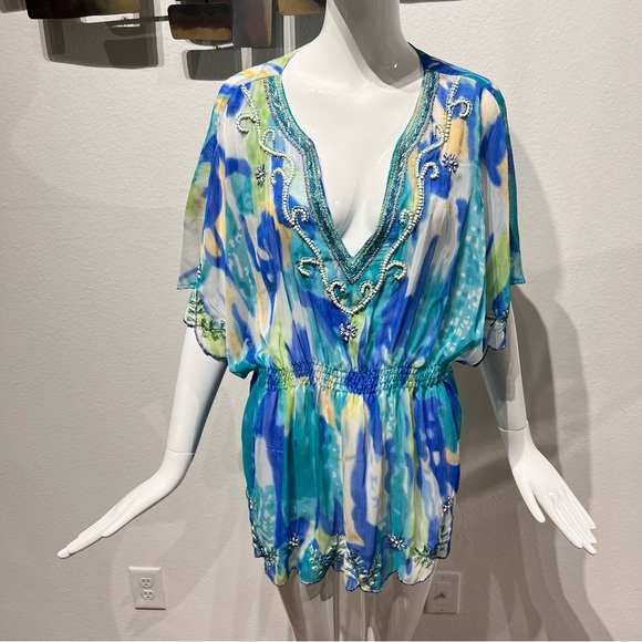 NWOT Midnight Velvet Sheer Tunic Top XL Multi Beaded Embroidered V-Neck - Picture 3 of 16